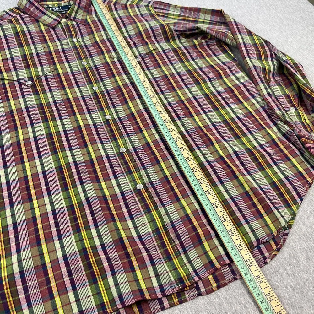 Vintage Polo Ralph Lauren RL Western Shirt Mens XXL Plaid Metal Snap Long Sleeve